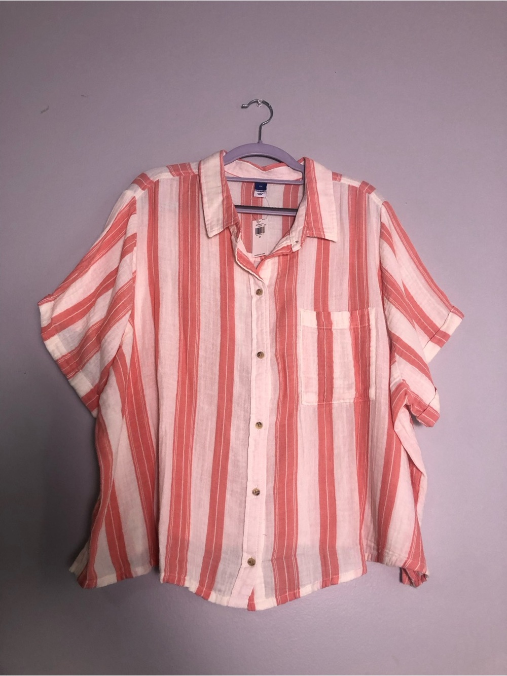 Old Navy Coral and White Striped Short-Sleeve Button-Down Shirt